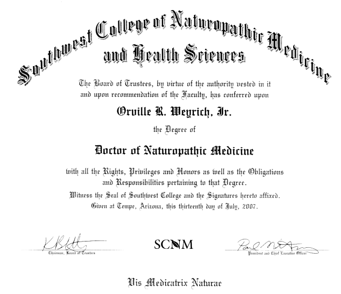 Doctor Weyrich SCNM Diploma.